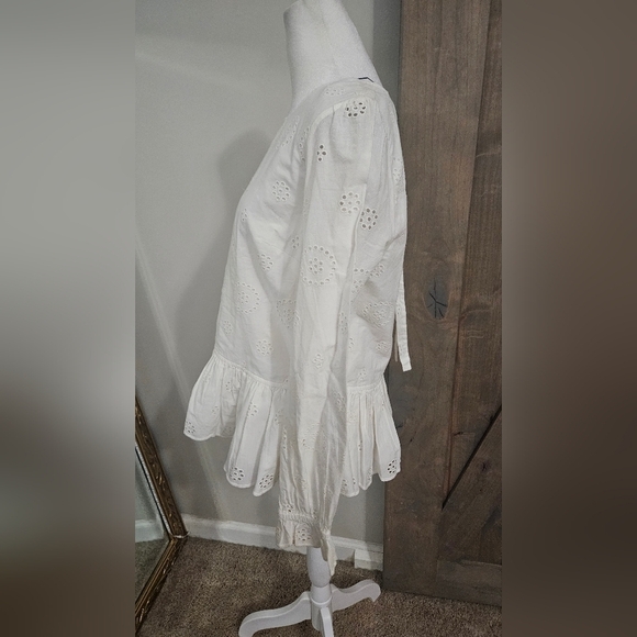 CROWN & IVY Lace Eyelet Ruffled Peplum Blouse In White. Size SP NWT - Picture 9 of 12